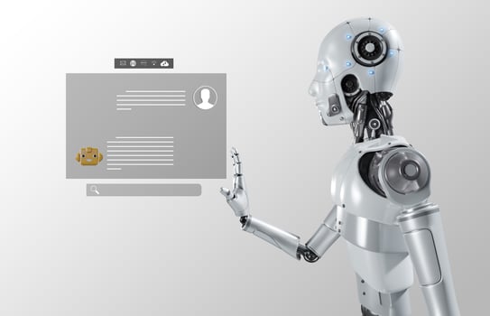 White woman robot on blurred background using digital network connection 3D rendering photo