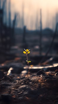 The close-up of young green sprout after fire. photo