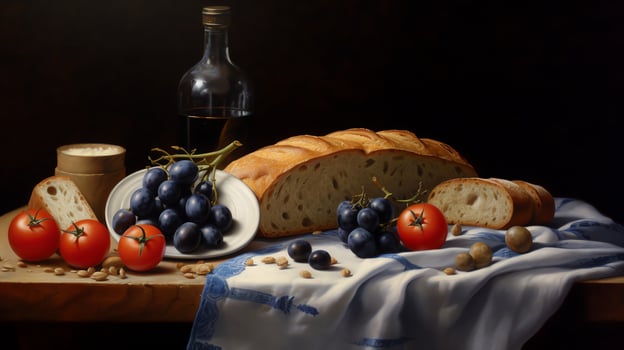 a table shows bread and wine with tomatoes in the style of dark blue and light beige photo