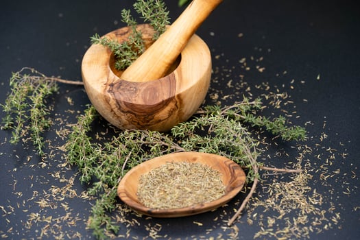 dried and fresh Thymus vulgaris delicious kitchen herbs photo
