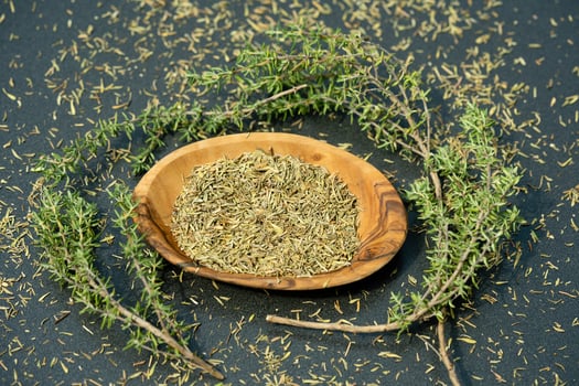 dried and fresh Thymus vulgaris delicious kitchen herbs photo