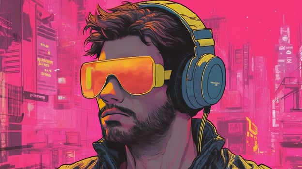 , person in glasses, cyberpunk anime style inspired by Josan Gonzalez. Light yellow and pink colors, virtual reality concept photo
