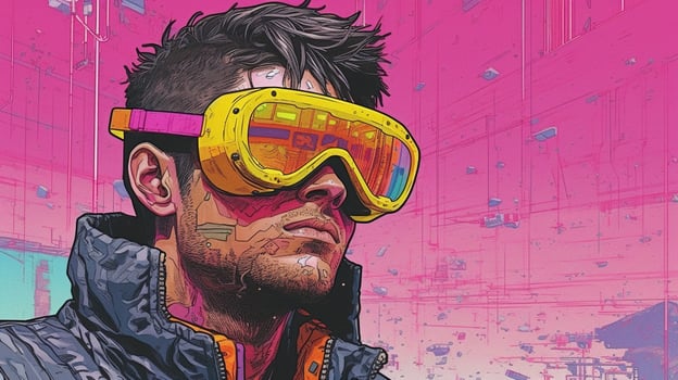 , person in glasses, cyberpunk anime style inspired by Josan Gonzalez. Light yellow and pink colors, virtual reality concept photo