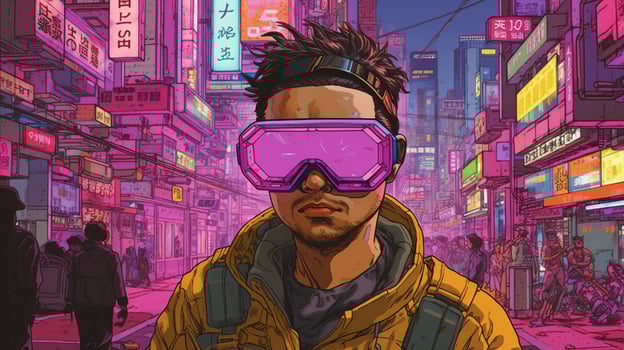 , person in glasses, cyberpunk anime style inspired by Josan Gonzalez. Light yellow and pink colors, virtual reality concept photo