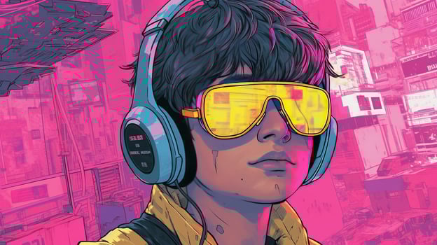 , person in glasses, cyberpunk anime style inspired by Josan Gonzalez. Light yellow and pink colors, virtual reality concept photo