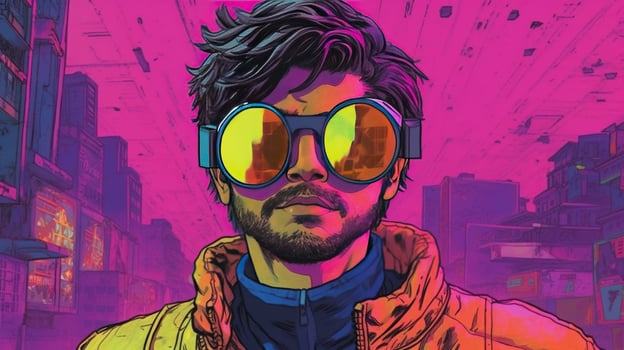 , person in glasses, cyberpunk anime style inspired by Josan Gonzalez. Light yellow and pink colors, virtual reality concept photo