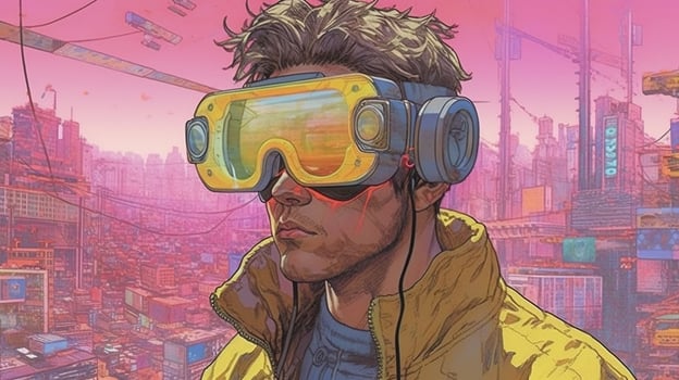 , person in glasses, cyberpunk anime style inspired by Josan Gonzalez. Light yellow and pink colors, virtual reality concept photo