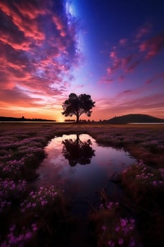 Dreamland's glowing lavender fields and iridescent forests bordering a serene. photo