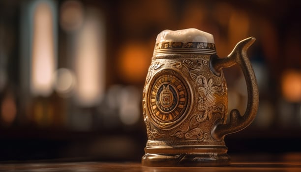 Antique copper lantern illuminates ancient pottery in domestic room celebration generated by AI photo