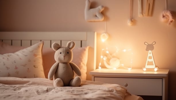 Cute teddy bear brings warmth and joy to cozy bedroom generated by AI photo