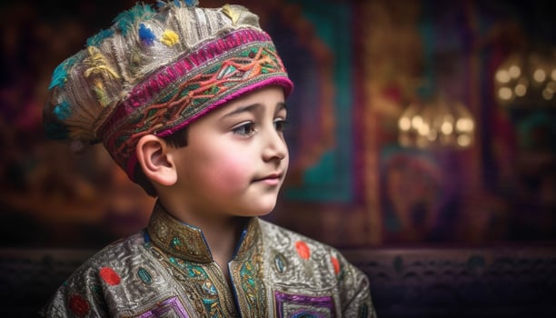 Smiling children in traditional clothing celebrate indigenous culture outdoors generated by AI photo