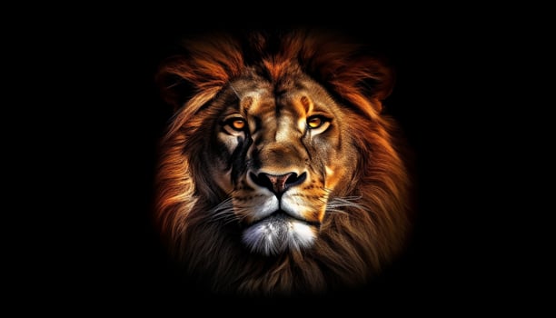 Majestic male lion staring with aggression, strength in black background generated by AI photo