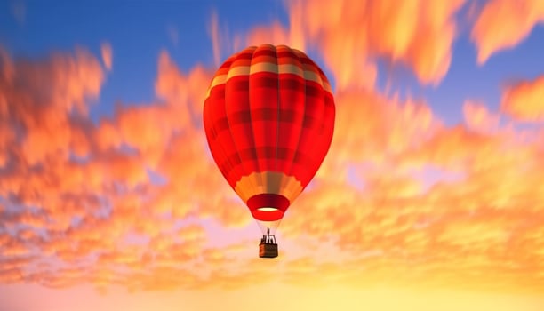 Colorful hot air balloon soars through blue sky at sunset generated by AI photo