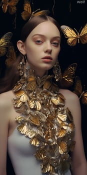 Beautiful young woman with golden butterfly make-up. Fashion art photo