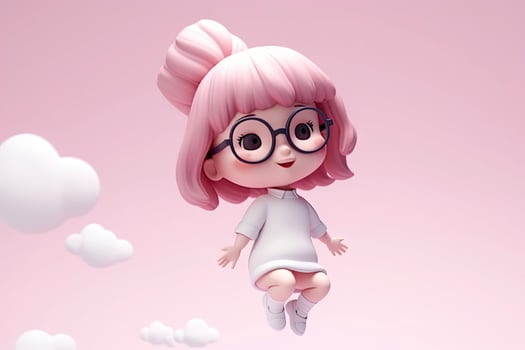 Cute kawaii portrait young or little girl wearing glasses and casual dress that jumping on the air with smile and happiness, floating in colorful background, minimal style, with . photo