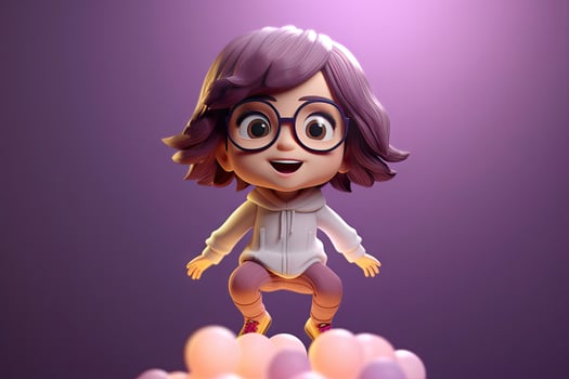 Cute kawaii portrait young or little girl wearing glasses and casual dress that jumping on the air with smile and happiness, floating in colorful background, minimal style, with . photo