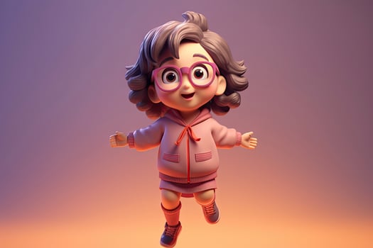 Cute kawaii portrait young or little girl wearing glasses and casual dress that jumping on the air with smile and happiness, floating in colorful background, minimal style, with . photo