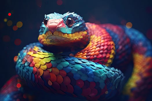 Abstract animal Viper snake portrait with colorful paint on skin and scales, Bright color, gradient background, with . photo