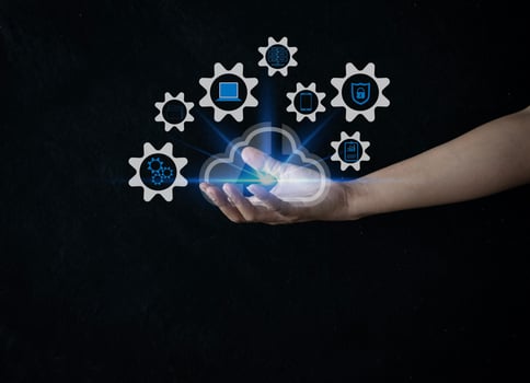 woman showing virtual screen with cloud computing diagram. Cloud technology. Data storage. Networking and internet service concept. photo