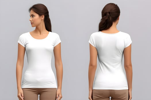 women model wear white blank t - shirt front and back views mock up. photo