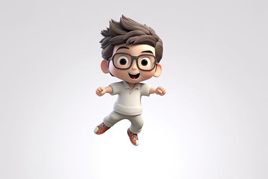 Cute kawaii portrait young or little boy wearing glasses and casual dress that jumping on the air with smile and happiness, floating in colorful background, minimal style, with . photo