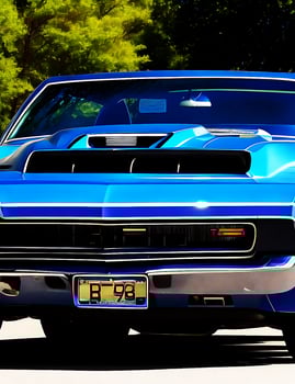 photo a blue and black muscle car with the license plate that says trans on the front.