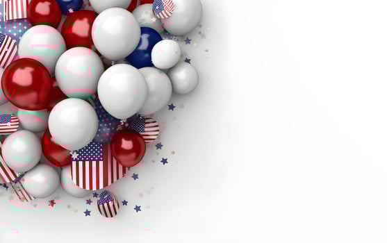 American flag with balloons on white background Independence day celebration background photo