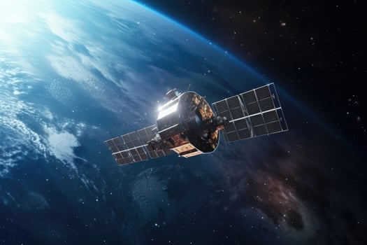 Space satellite moving outer the space with Earth plant background, satellite orbit for sending signals to ground, spaceship sci fi tour, with . photo