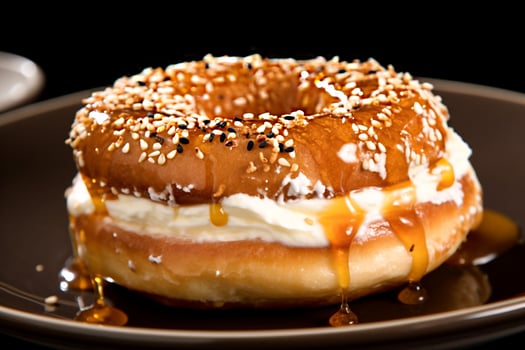 Creme brulee bagel filling cream cheese, with golden crust and topping on plate, close-up. Sweet delicious food. Pastry on breakfast. photo