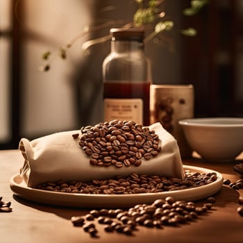 coffee beans product photography warm and cozy studio close up, photo