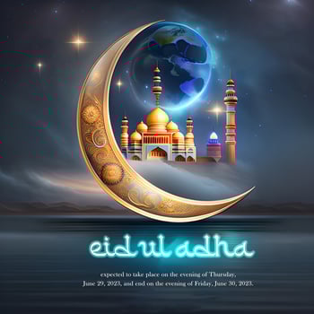 Eid al adha photo  mosque and moon