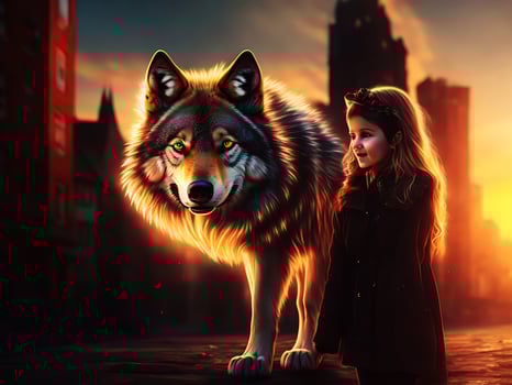 a photo cute girl with a big wolf in city evening sun light