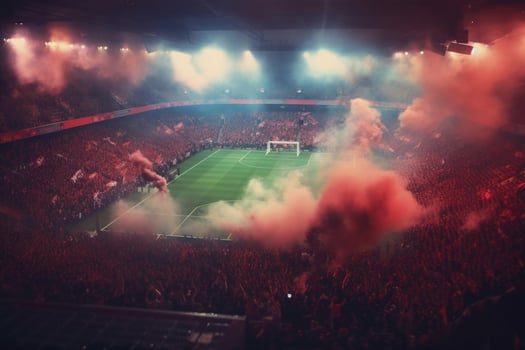 Football stadium with lit lights, flares and smoke bombs. photo