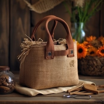 Eco bag made of natural burlap. Jute shopper on a wooden blurred background. photo