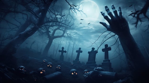 Zombie hands emerge from an enchanted Halloween cemetery in the mystical forest. photo