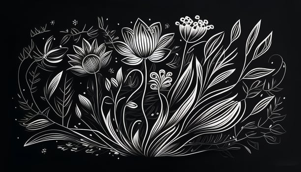 Black and white floral pattern with leaves, flower bouquets. White flowers and black background. photo
