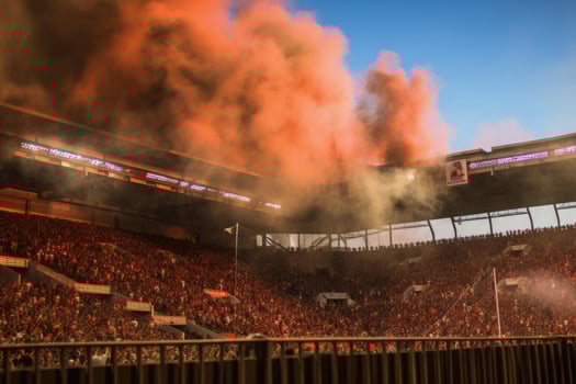 Football stadium with lit lights, flares and smoke bombs. photo