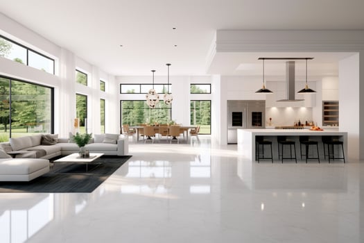 Grand and luxurious open-concept space with a white kitchen, dining, and living room photo