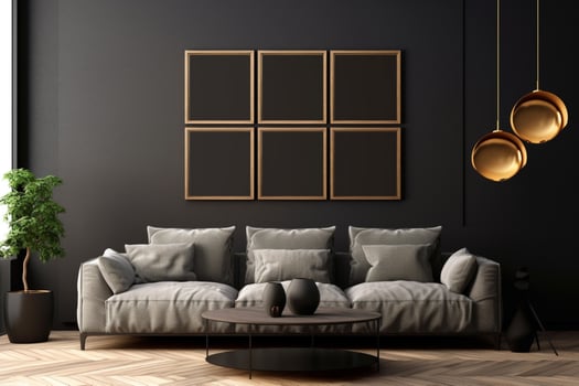Contemporary dark living room with a striking mockup frame, 3D rendered photo