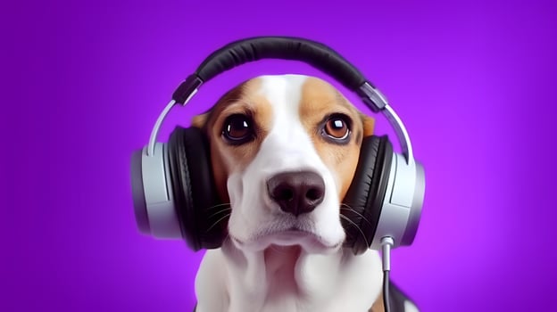 Photo of Beagle using headphone on purple background.