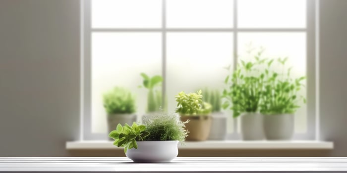 Wood table and window with plant with sun light copy space blurred background, photo