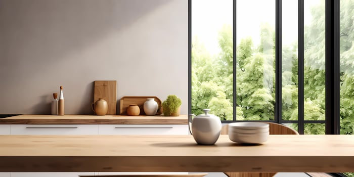 Wood table and window with plant with sun light copy space blurred background, photo