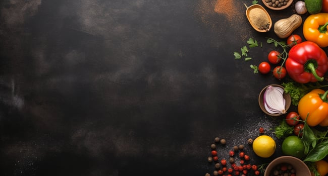 Vegetables set and spices for cooking on dark background. photo