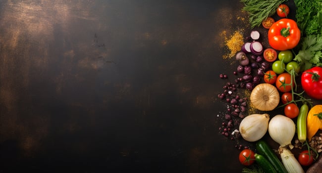 Vegetables set and spices for cooking on dark background. photo