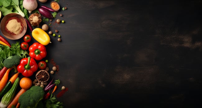 Vegetables set and spices for cooking on dark background. photo