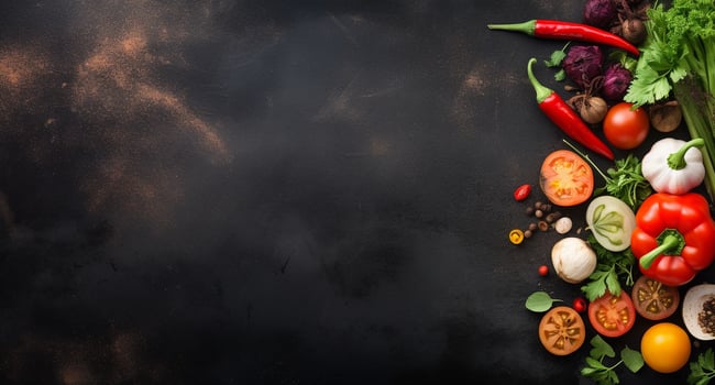 Vegetables set and spices for cooking on dark background. photo