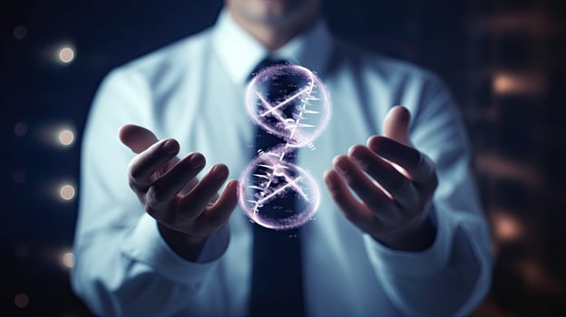 Man hold human DNA molecular structure. . photo