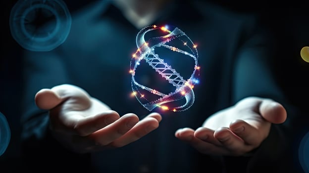 Man hold human DNA molecular structure. . photo
