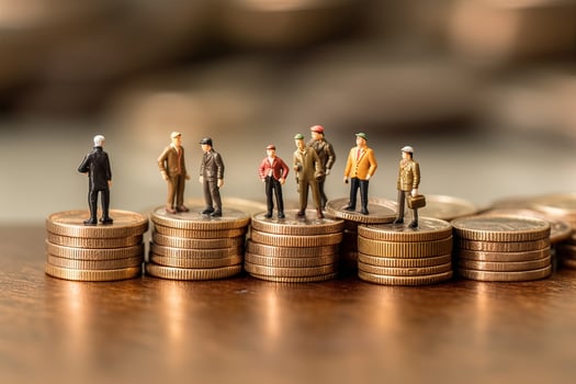 illustration of miniature figures people stand on coins. Elderly people and their savings, pension photo