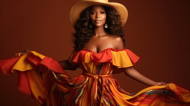 Beautiful african american woman in summer dress and straw hat. . photo